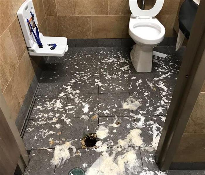 Sewage backup from a drain in a bathroom stall